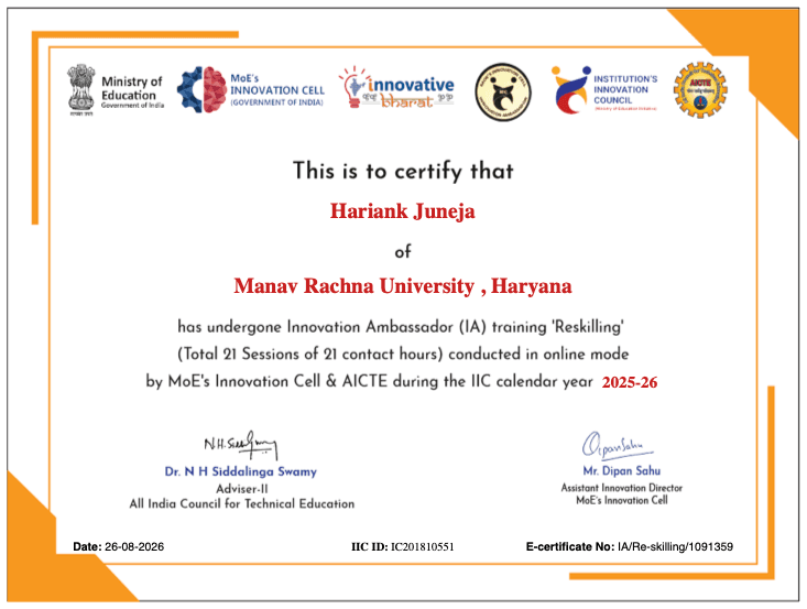 Innovation Ambassador Re-skilling certificate, MoE's Innovation Cell & AICTE, E-cert IA/Re-skilling/1091359