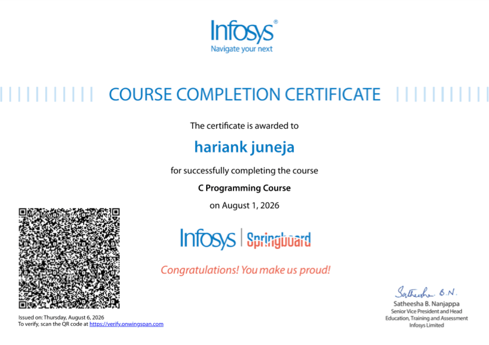 Infosys Springboard course completion certificate — C Programming Course