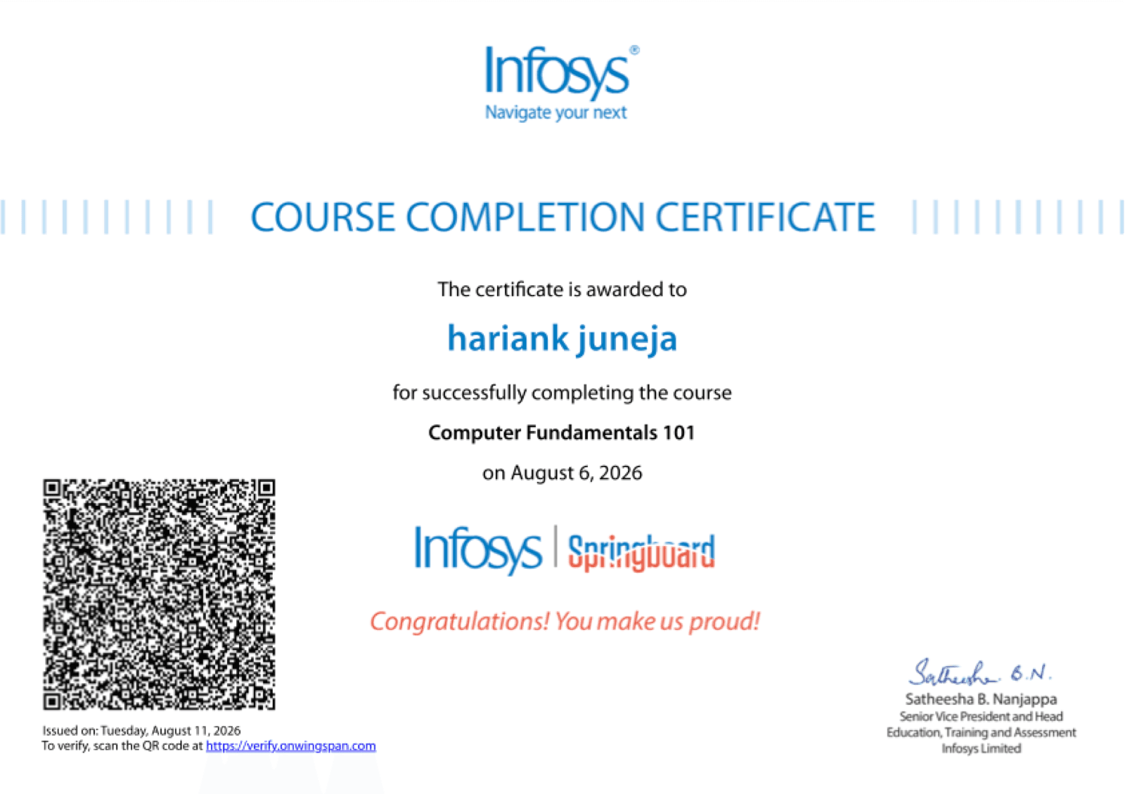 Infosys Springboard course completion certificate — Computer Fundamentals 101